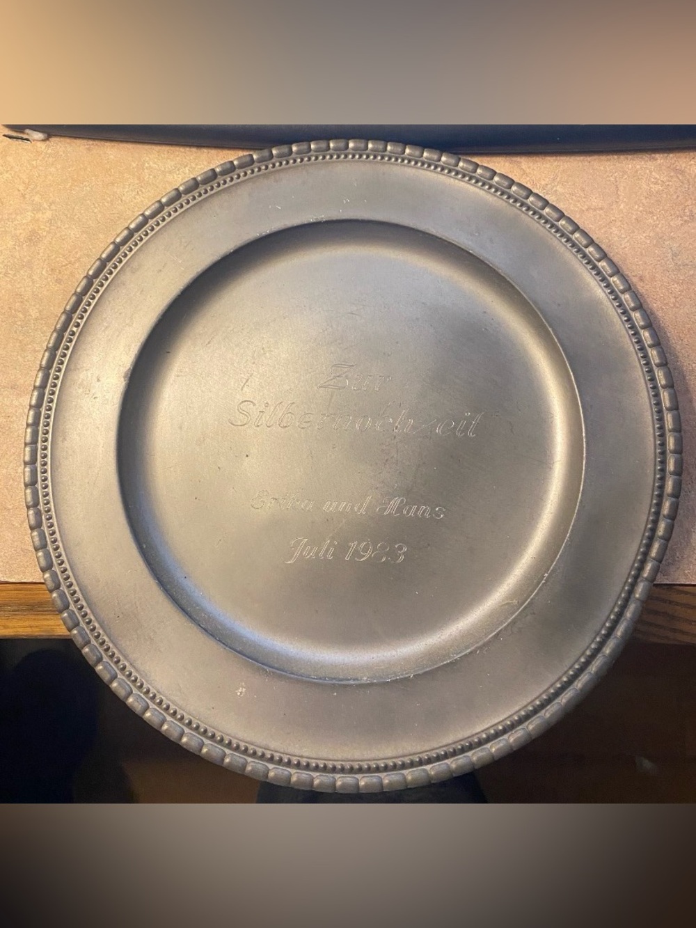 German Pewter Commemorative Plate Engraved for a 25th Wedding Anniversary 1983